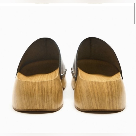 NWOT  NEW ZARA WOMEN WOODEN STUDDED BLACK LEATHER CLOGS MULE SLIPPERS SIZE 37 - Picture 4 of 16
